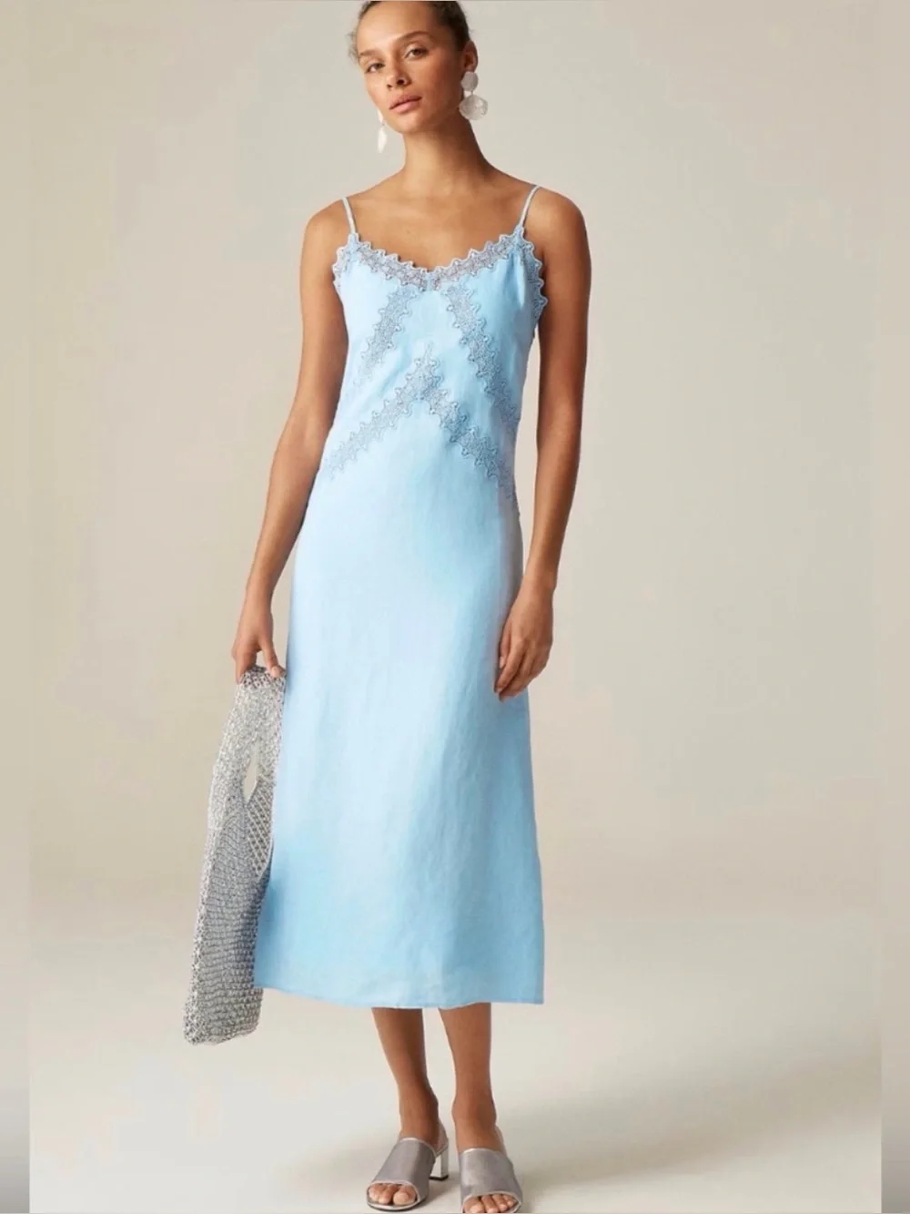 J. Crew 90’s Inspo Minimal Blue Coastal Lace Trim Linen Slip Midi Dress 10